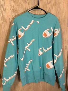 Champion Teal Crewneck with White and Orange Logos